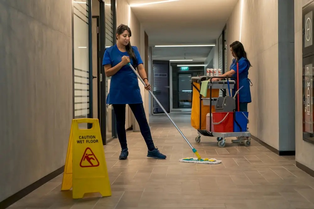 Two women cleaning the floor in a commercial hallway